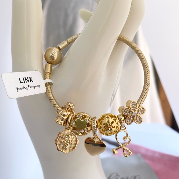 Linx Yellow Gold Snake Chain Bracelet with Registered Nurse Themed Charms - Picture 4 of 14